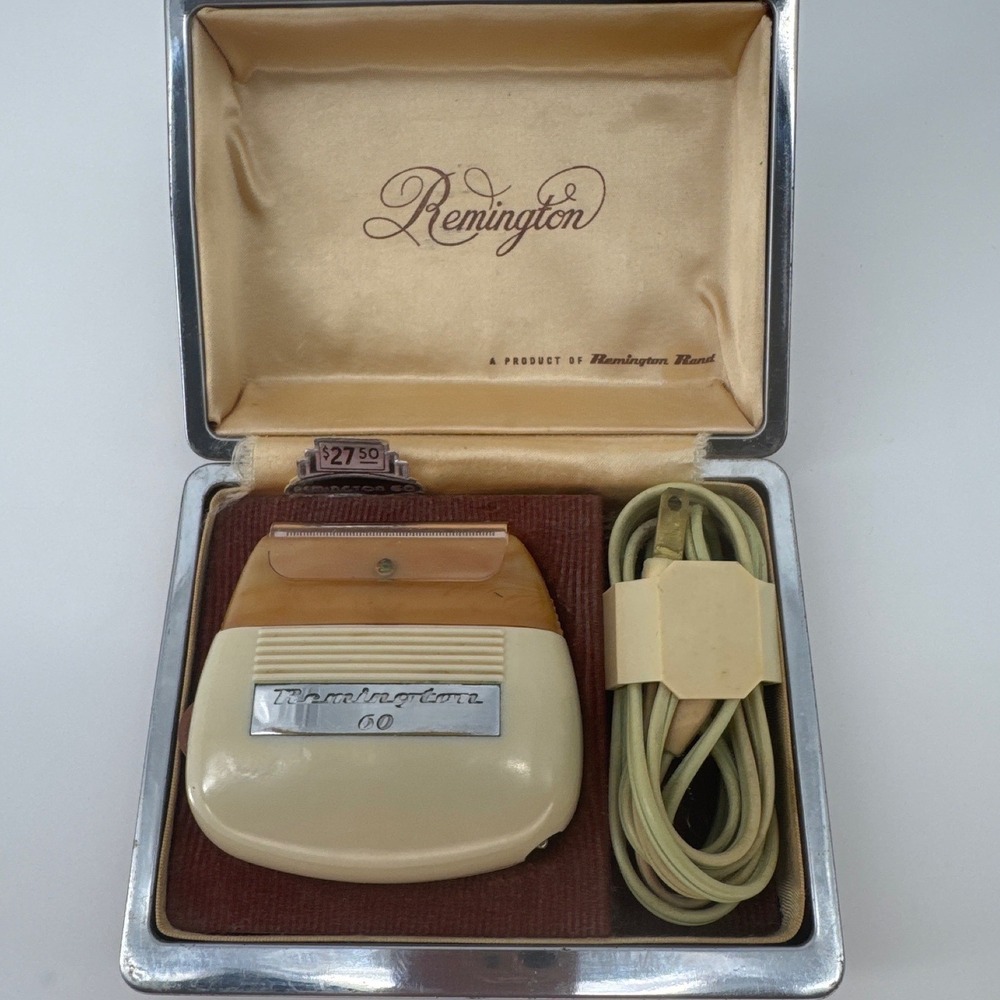 Remington 60 Vintage Men's Electric Shaver Brown Case Cream Chrome 1950s